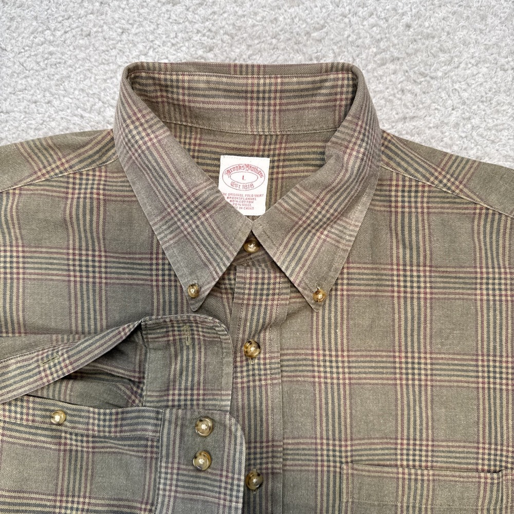 Brooks Brothers Flannel Shirt Mens Large Green Plaid Cotton Wool Blend 346